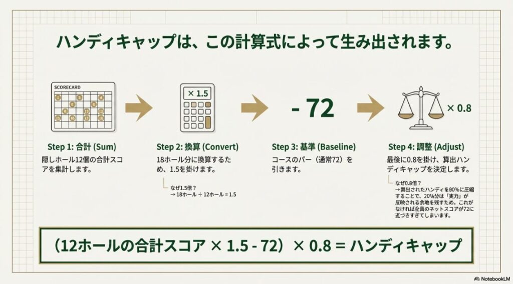 1.5倍の換算や0.8倍の調整を含むダブルペリアのハンディキャップ計算手順