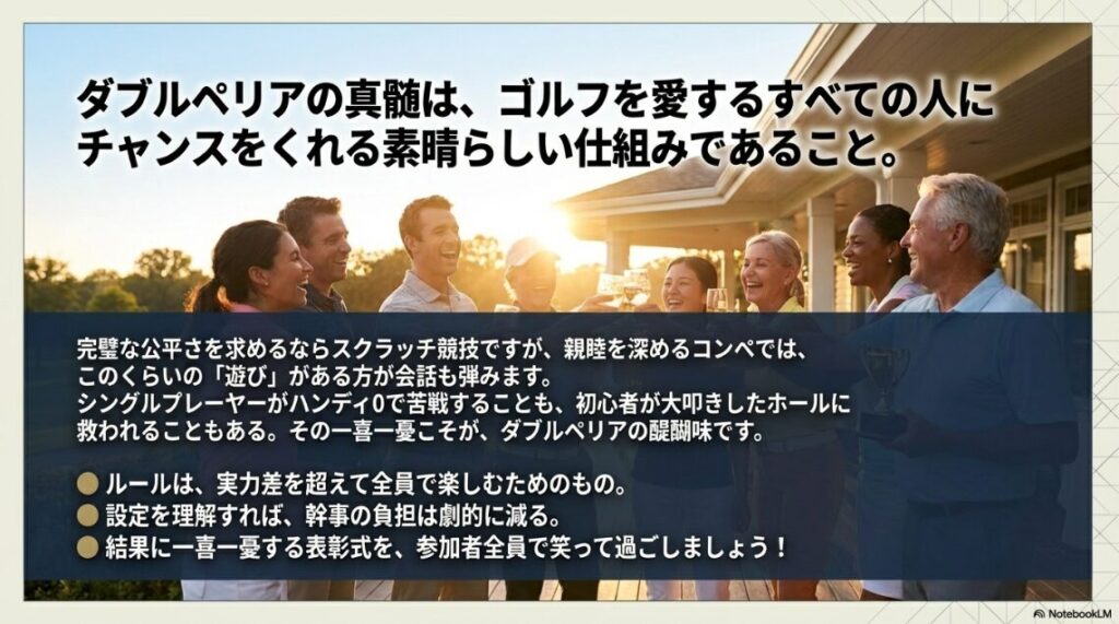 実力差を超えて全員でゴルフを楽しむというダブルペリアの本質を伝えるまとめスライド