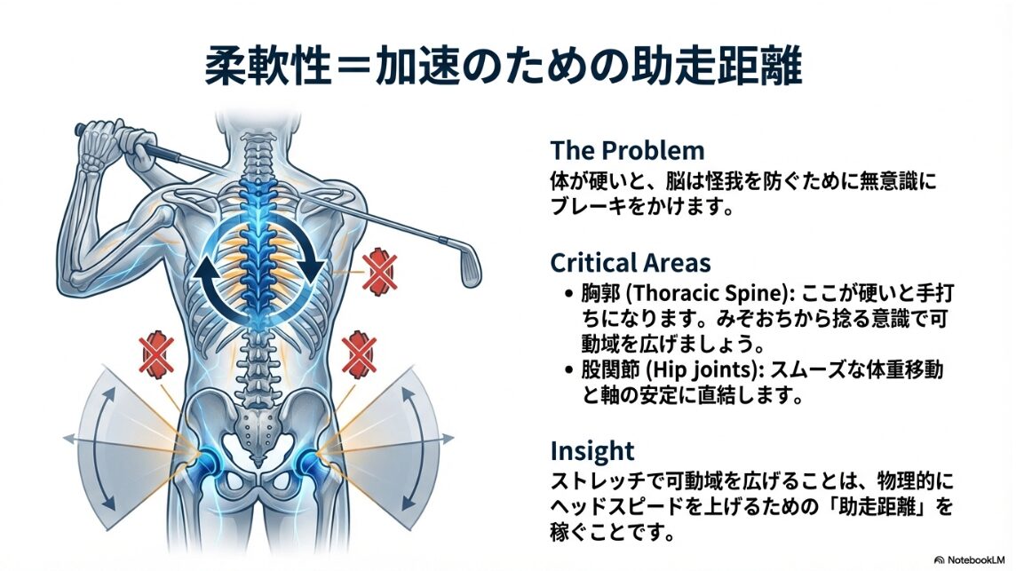 ゴルフスイングの可動域を広げる胸郭と股関節の重要ストレッチ部位