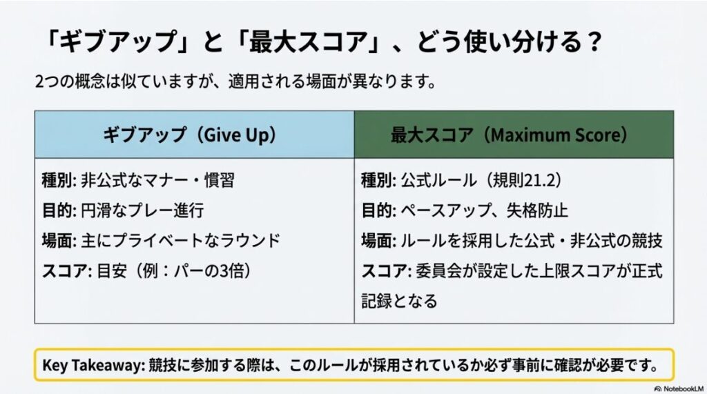 非公式マナーとしてのギブアップと公式ルール最大スコアの違いをまとめた比較表