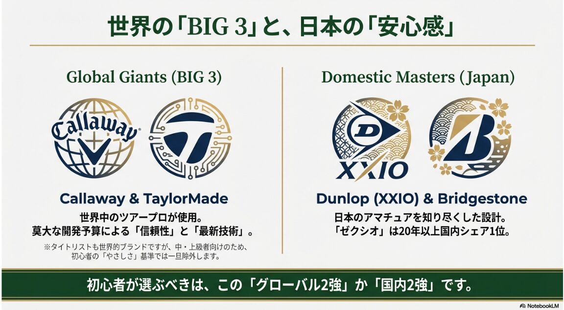 世界のゴルフ三大メーカーと国内主要ブランドの比較図