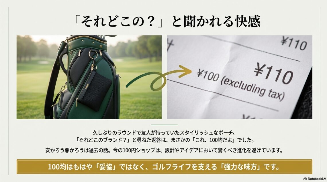 110円とは思えないスタイリッシュなゴルフポーチをキャディバッグに付けた様子