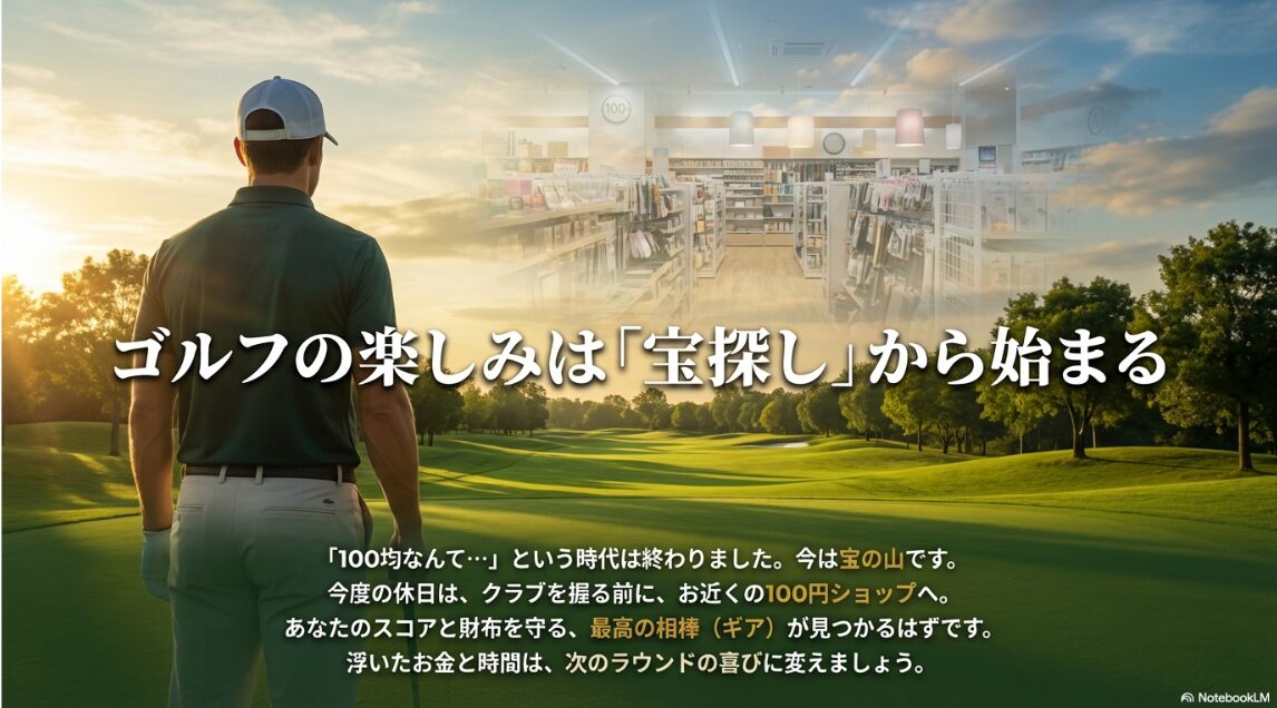 ゴルフ場を背景にした100円ショップでの宝探しを推奨するイメージ画像
