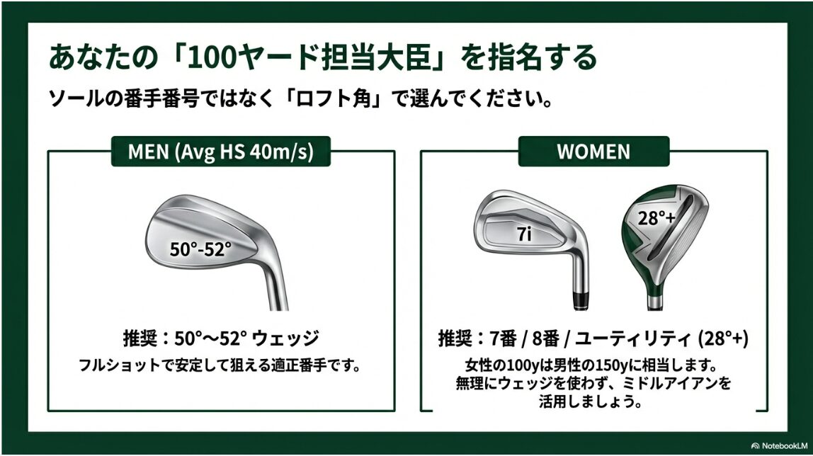 男性と女性それぞれのゴルフ100ヤード攻略に推奨されるクラブとロフト角の解説図