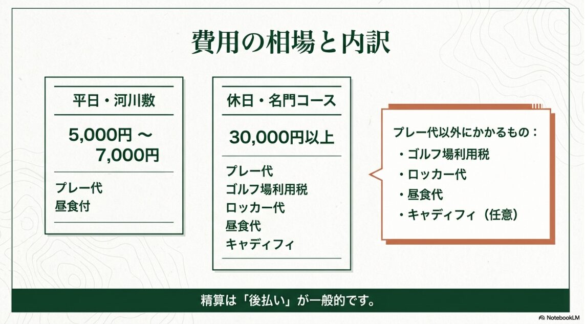 ゴルフ18ホールの料金相場比較：平日・休日・諸費用の内訳項目