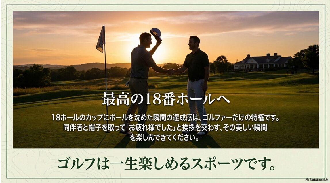 18番ホールのカップインと達成感、同伴者への挨拶の様子