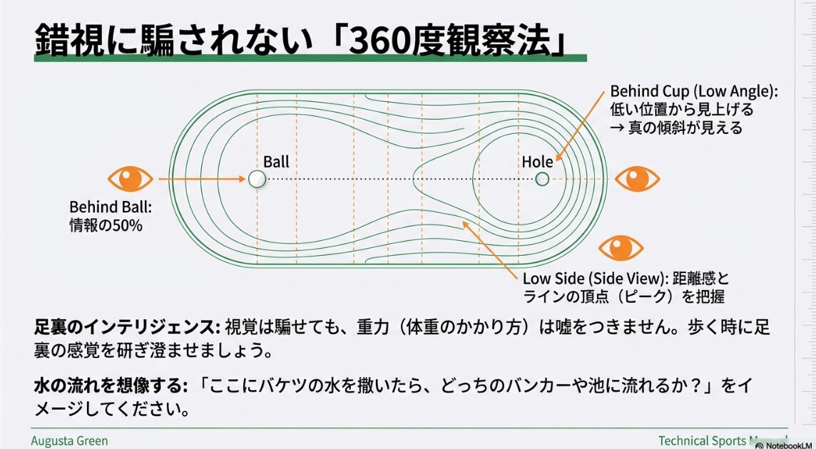 グリーンを360度から観察する際の視点とメリットの解説図