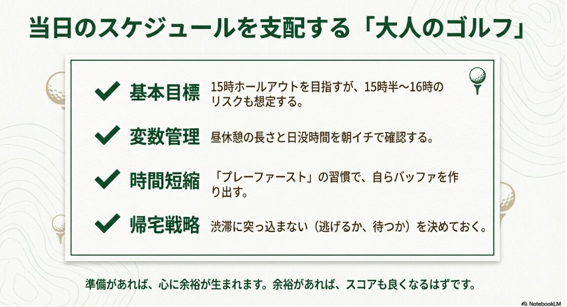 基本目標や変数管理などゴルフ9時スタートを支配するためのチェックリストのまとめ図