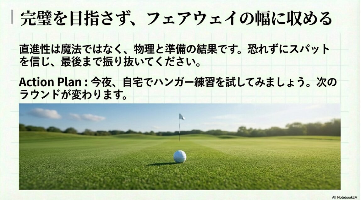 ゴルフまっすぐ飛ばすコツのまとめと自宅練習へのアクションプラン