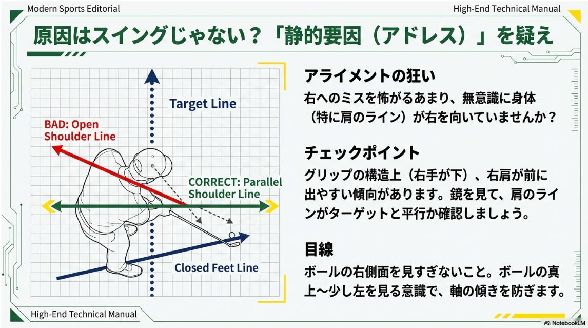 アドレス時の正しい肩のラインとターゲットラインの平行関係を示した図解
