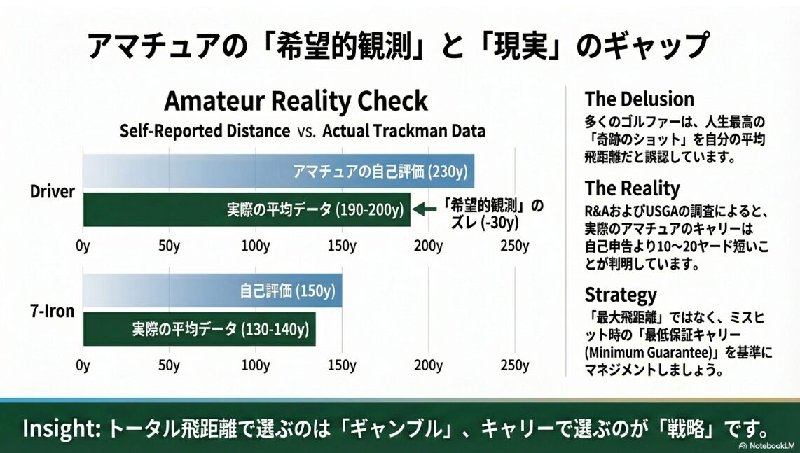 アマチュアの自己申告飛距離と実際のトラックマンデータのギャップを示すグラフ