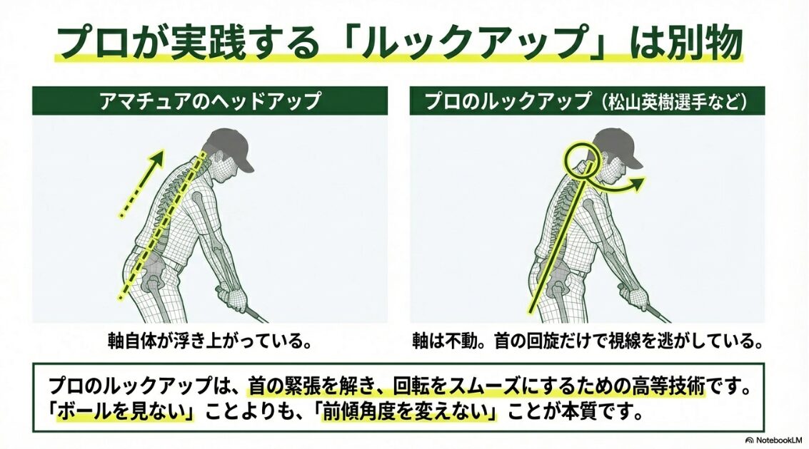ルックアップとヘッドアップの決定的な相違点 軸が浮くアマチュアのヘッドアップと軸を保つプロのルックアップの違い比較