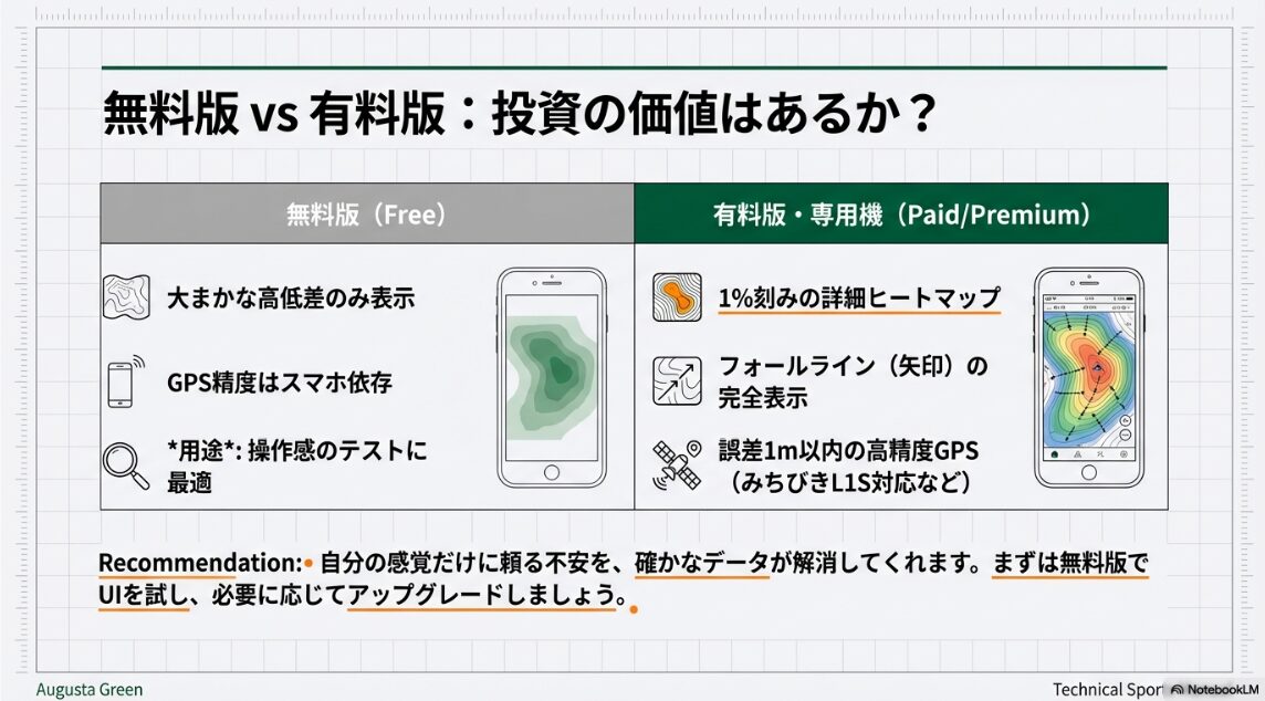 ゴルフアプリの無料版と有料版の機能差を比較したイメージ図