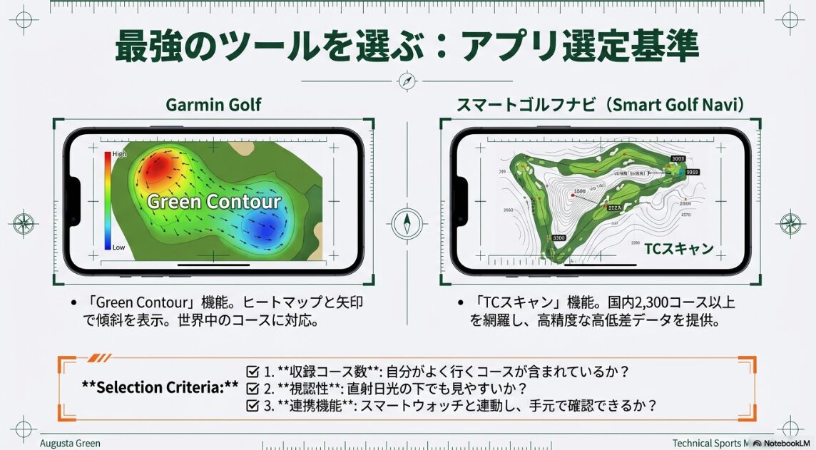 ガーミンとスマートゴルフナビのグリーン傾斜表示画面の比較