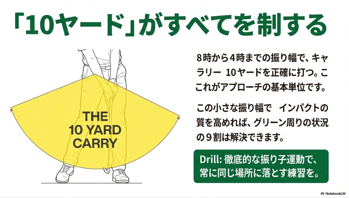 アプローチの基本単位である10ヤードキャリーの振り幅イメージ図