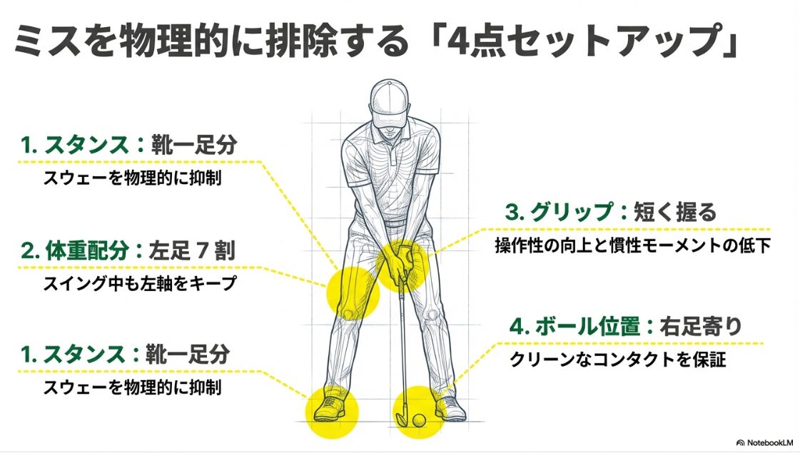 ミスを物理的に排除するアプローチの4点セットアップ（スタンス・体重・グリップ・ボール位置）の解説図