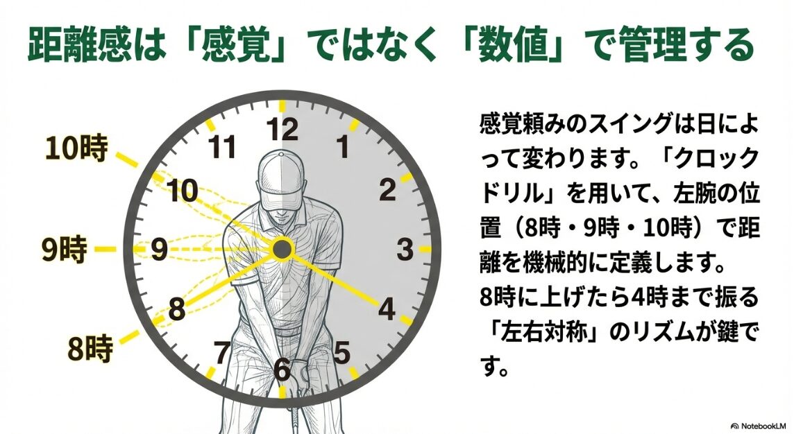 時計の文字盤でアプローチの振り幅を管理するクロックドリルの仕組み図解