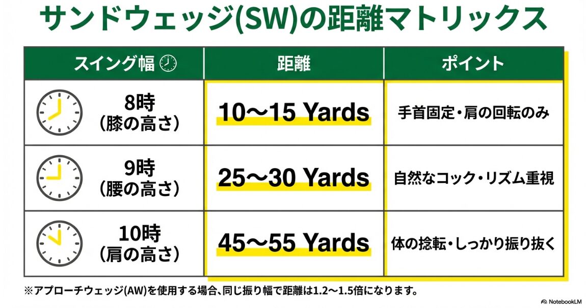 サンドウェッジを使用した振り幅別の距離目安マトリックス表（8時、9時、10時）