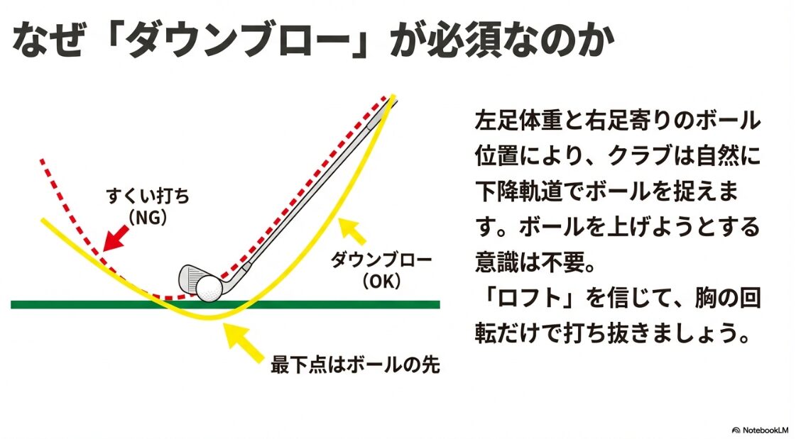アプローチにおけるダウンブローとすくい打ちの軌道の違いを示した比較図解