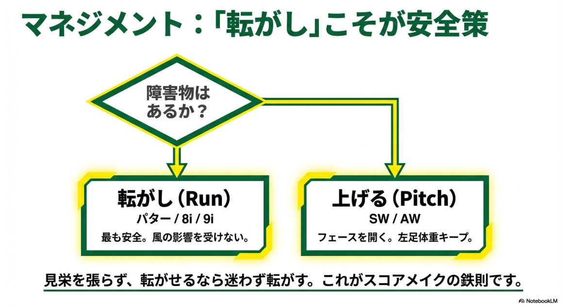 アプローチのマネジメント。障害物の有無による「転がし」か「上げる」かの判断フローチャート