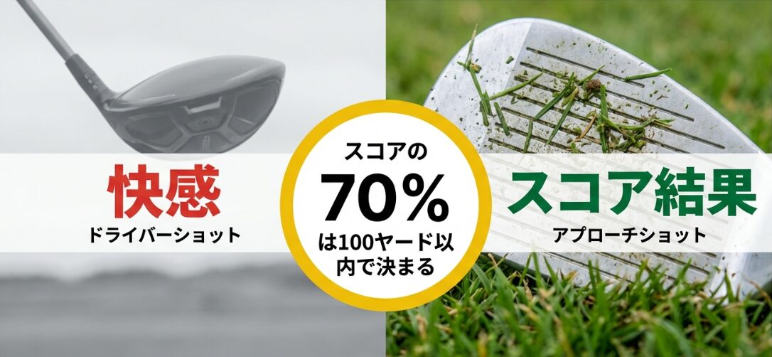 ゴルフのスコアの70パーセントは100ヤード以内のアプローチで決まることを示す統計図解