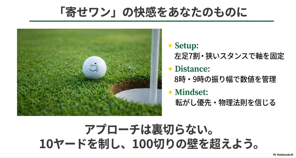 ゴルフアプローチ上達のまとめ。セットアップ、距離管理、マインドセットの最終チェックリスト