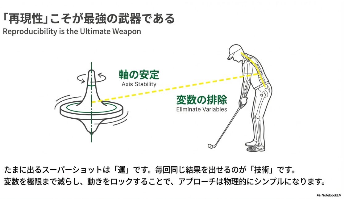 アプローチの再現性を高めるための軸の安定と変数の排除を説明した物理的スイング図解