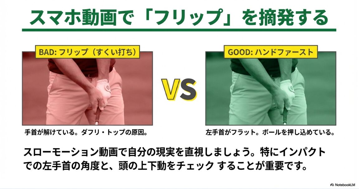 アプローチスイングの分析。フリップ（すくい打ち）とハンドファーストの手首の角度の比較