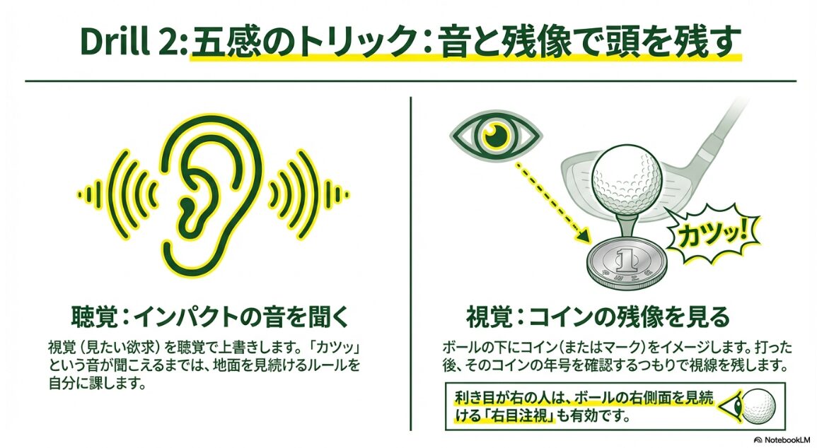 五感を使ってヘッドアップを封じ込める方法 インパクトの音を聴きコインの残像を目で追う視線固定トレーニング図解