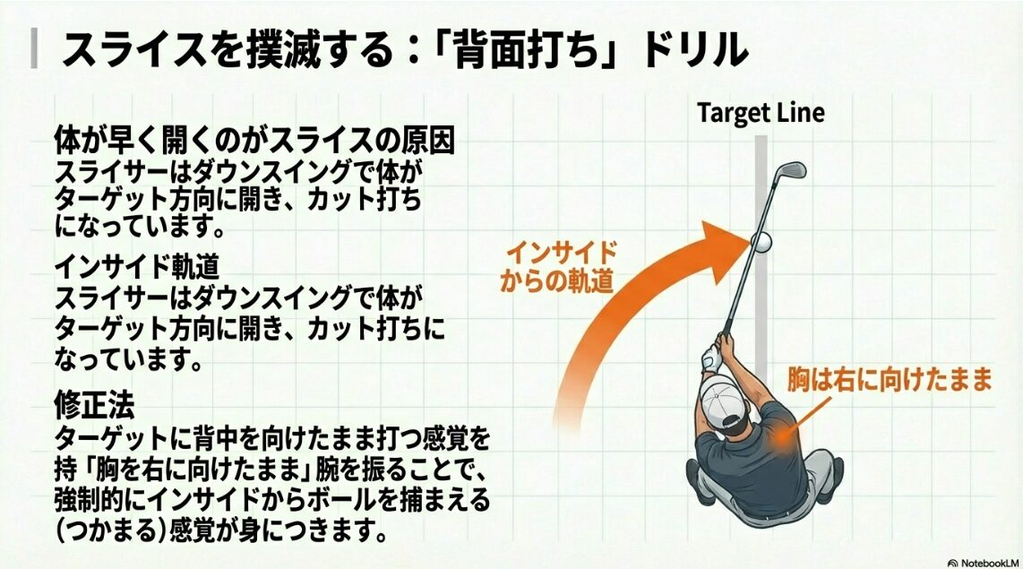 スライスを治すための背面打ちドリルによるインサイドアウト軌道の習得