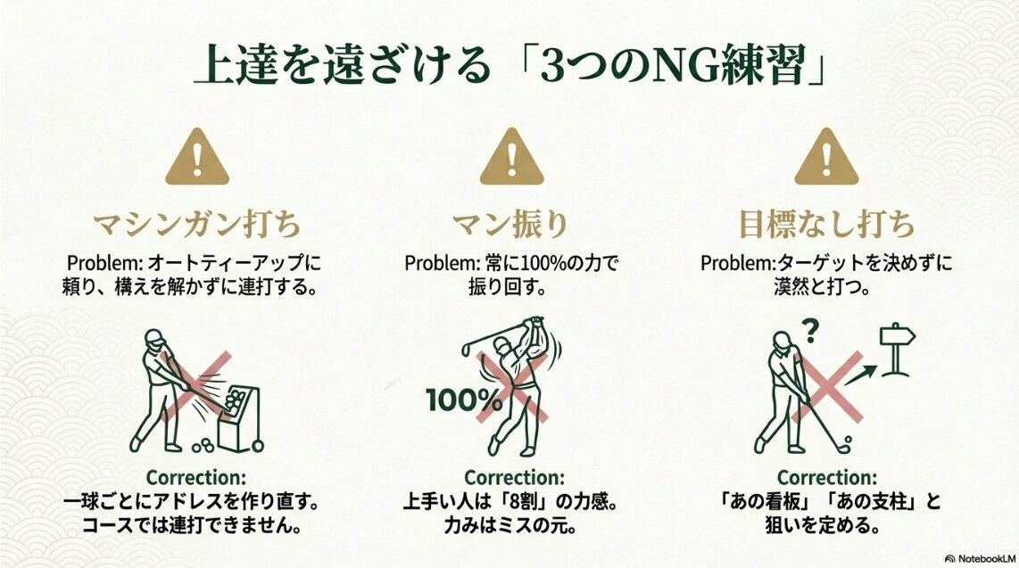 上達を遠ざける3つのNG練習（マシンガン打ち・マン振り・目標なし打ち）とその改善策