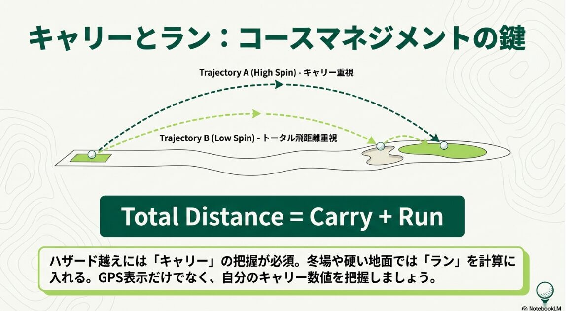 飛距離を最大化するためのキャリーとランの弾道比較。高スピン弾道と低スピン弾道の違い