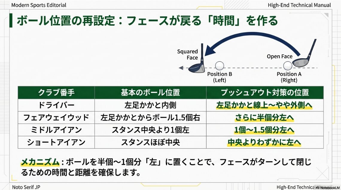 ボール位置を左にずらすことでフェースが閉じる時間を稼ぐ仕組みの解説図