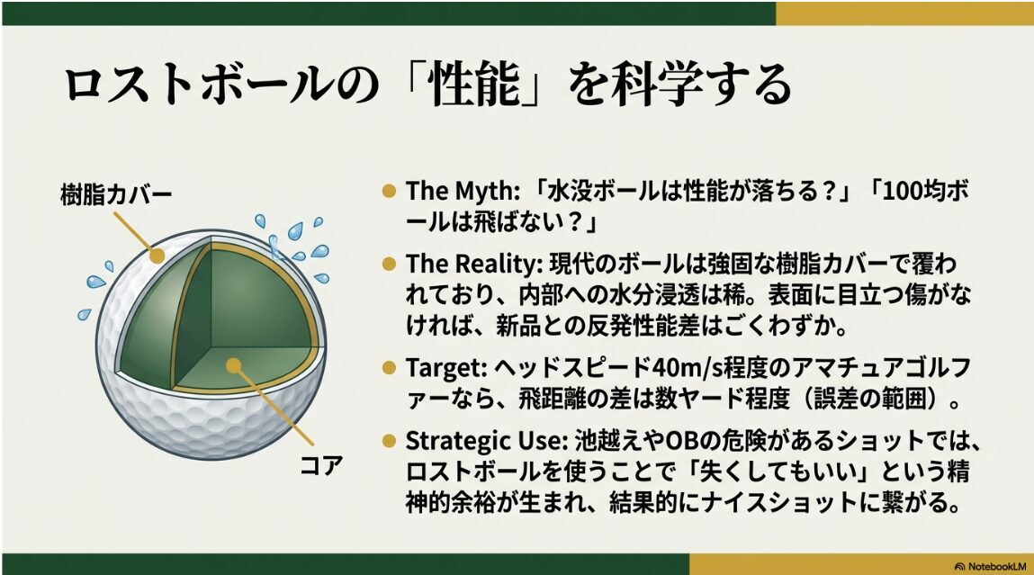 ゴルフボールの内部構造を示し水没による劣化の少なさを解説する図解