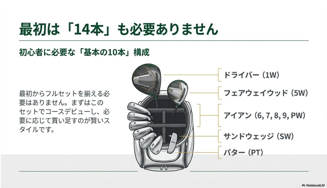 初心者がコースデビュー時に最低限揃えるべき10本のゴルフクラブ構成図