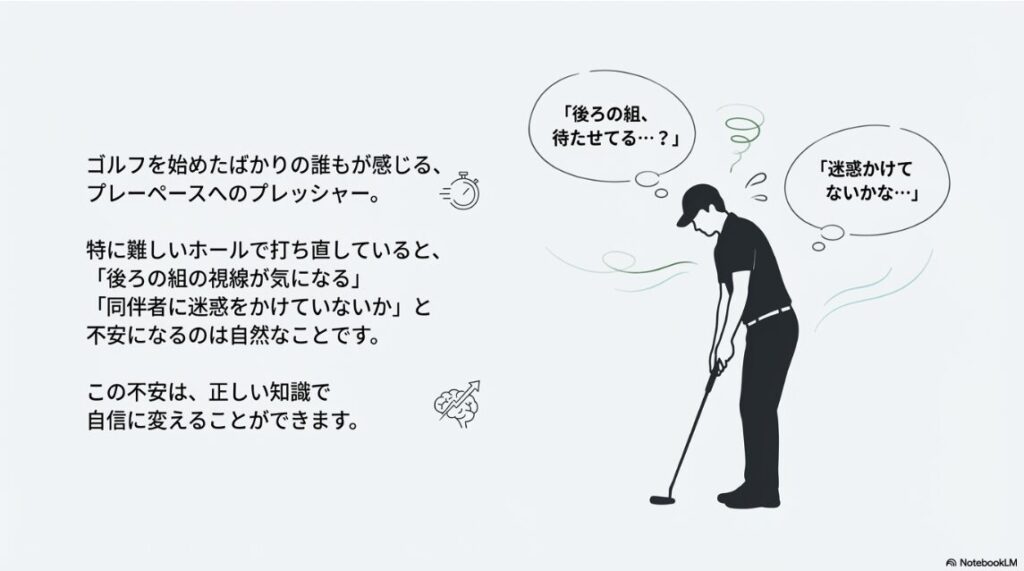 ゴルフ場で後ろの組を待たせているか不安を感じる初心者のイラスト