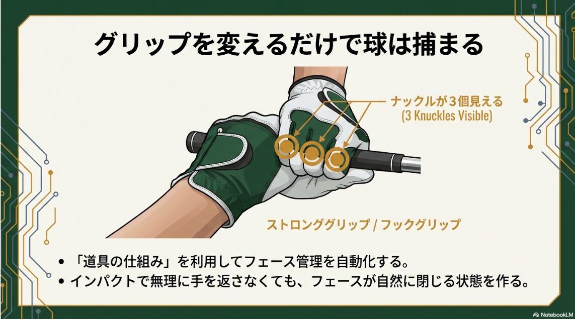 ドローボールを簡単に打つためのストロンググリップ（フックグリップ）の握り方