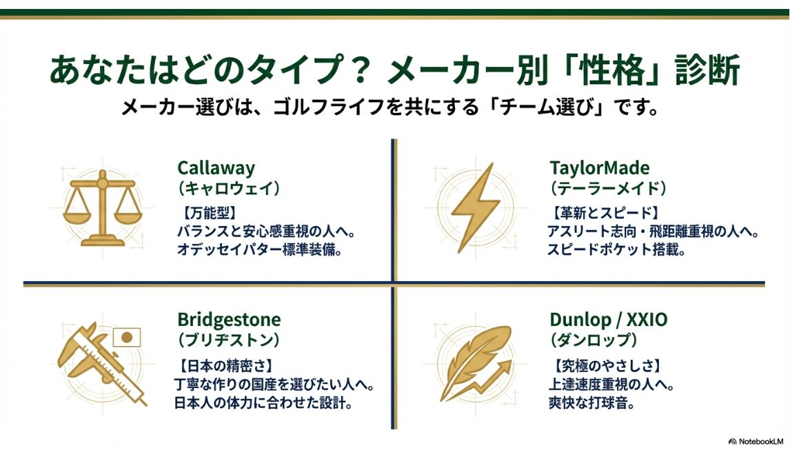 キャロウェイ・テーラーメイド・ブリヂストン・ゼクシオのメーカー別性格診断マップ