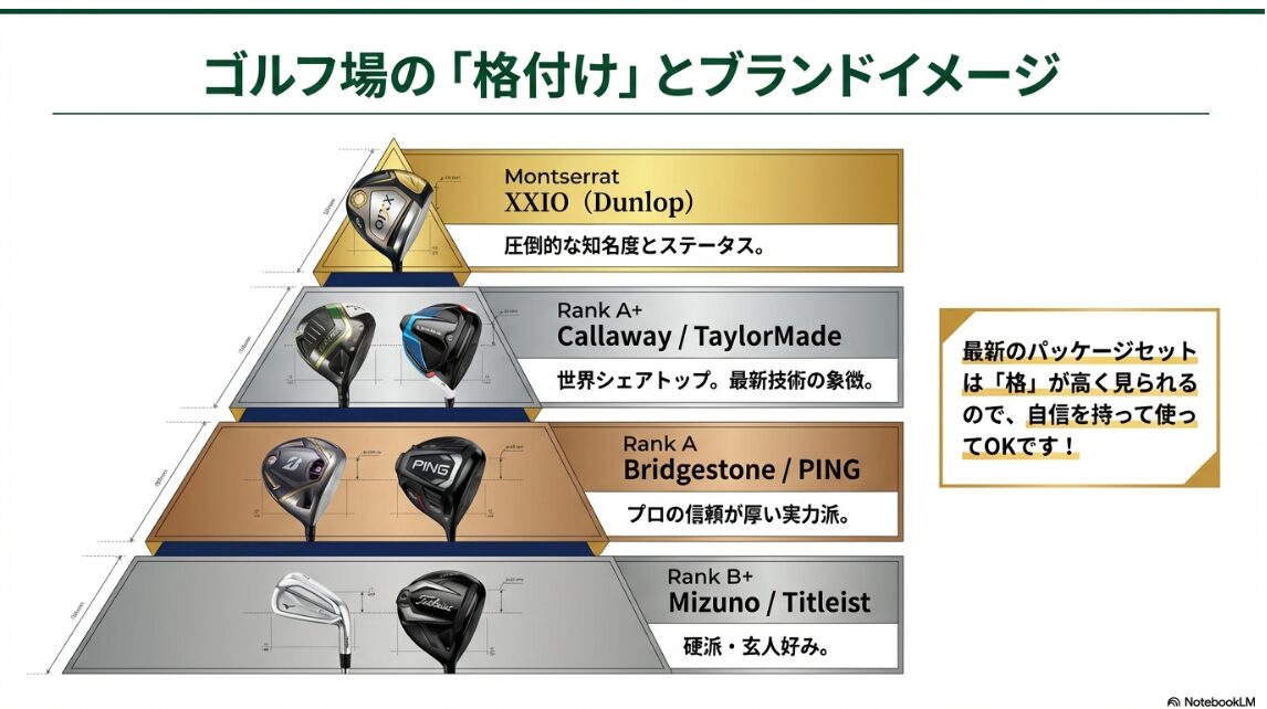 ゼクシオやキャロウェイなど主要ゴルフブランドのステータスと格付けピラミッド