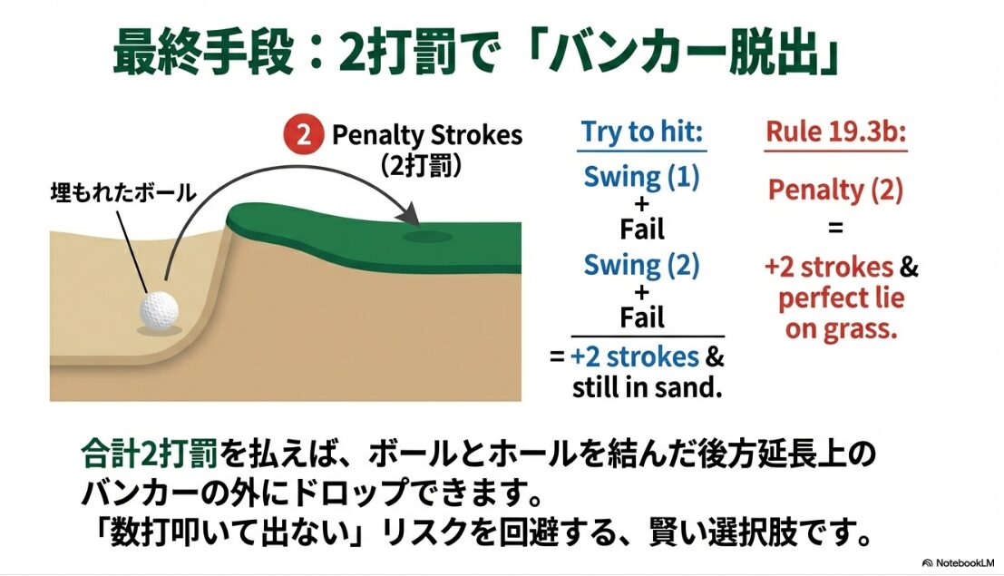 合計2打罰を支払いバンカーの外にドロップしてプレーを再開する手順の図解