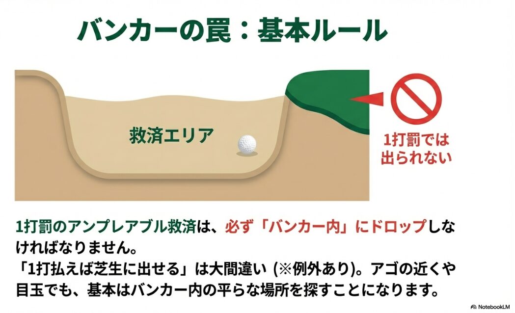 バンカー内のアンプレアブル救済は同一バンカー内へのドロップが必須であることの解説図