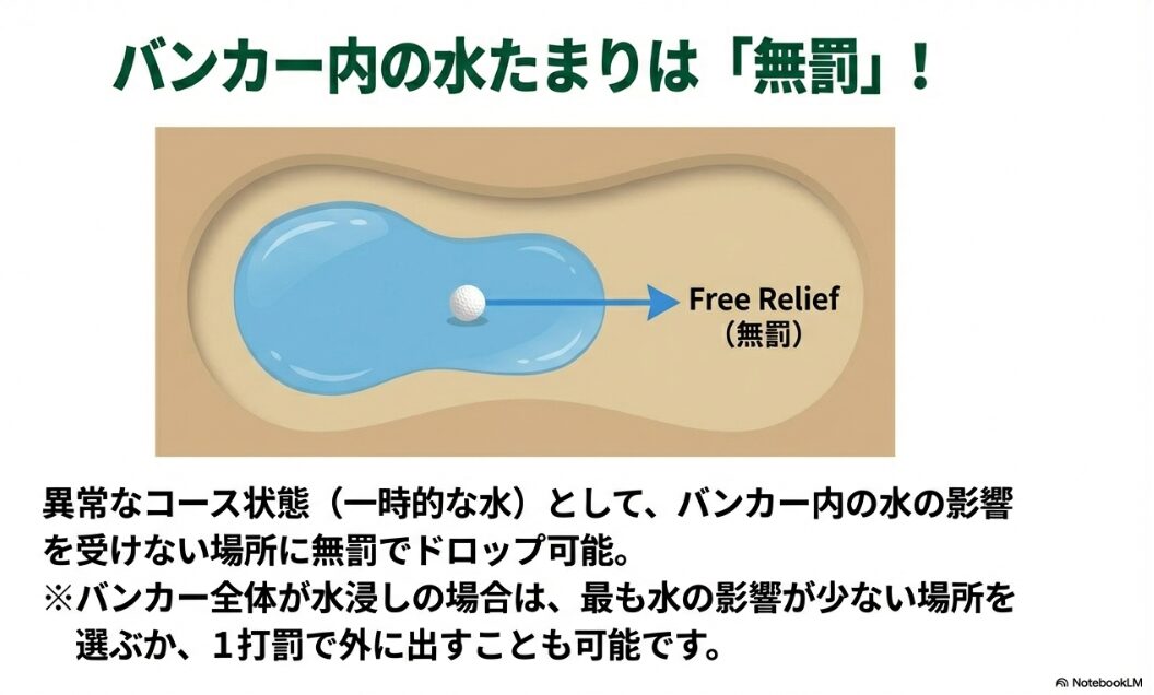 バンカー内の水たまりから無罰で救済を受けてドロップする手順の図解
