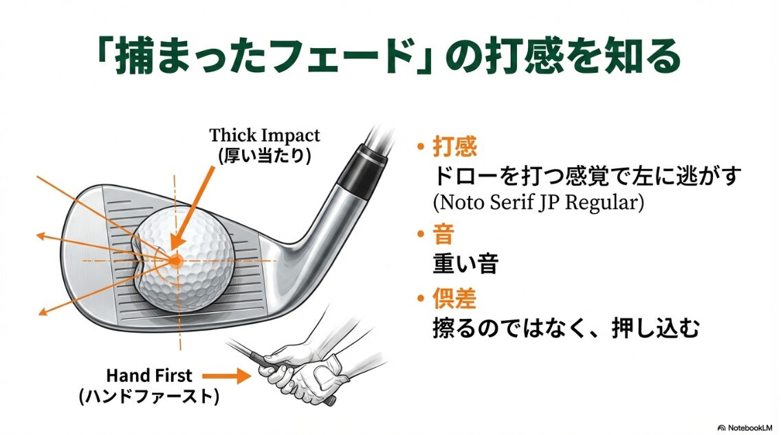 アイアンでの捕まったフェードのインパクト。厚い当たりとハンドファースト