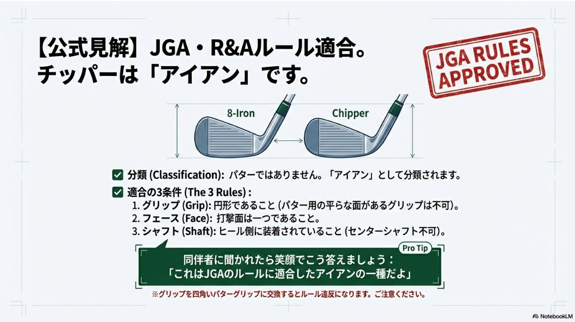 チッパーがルール適合となる3つの条件（グリップ・フェース・シャフト）の解説図解