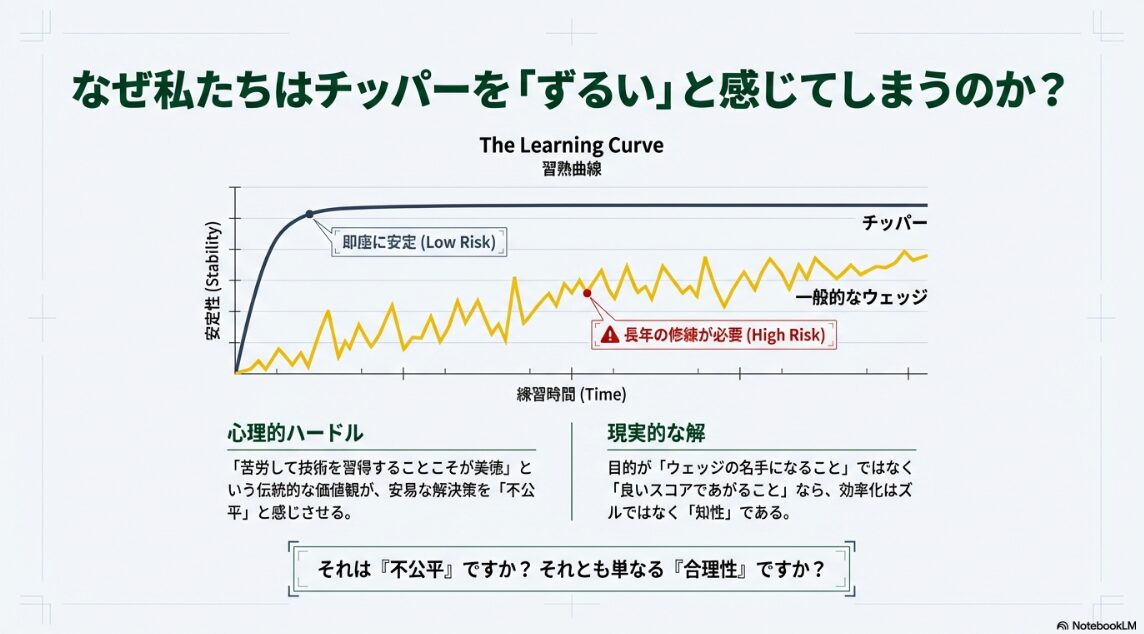 チッパーと一般的なウェッジの練習時間と安定性の違いを示す習熟曲線グラフ