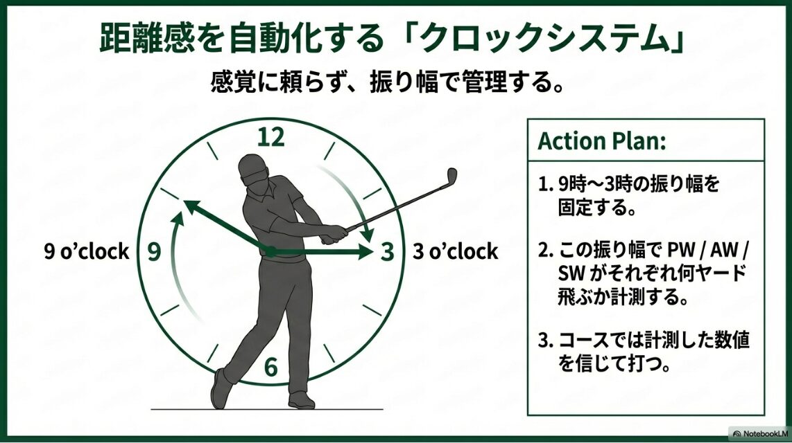 時計の文字盤に見立てたスイングの振り幅（9時から3時）で距離感を管理するクロックシステムの解説図