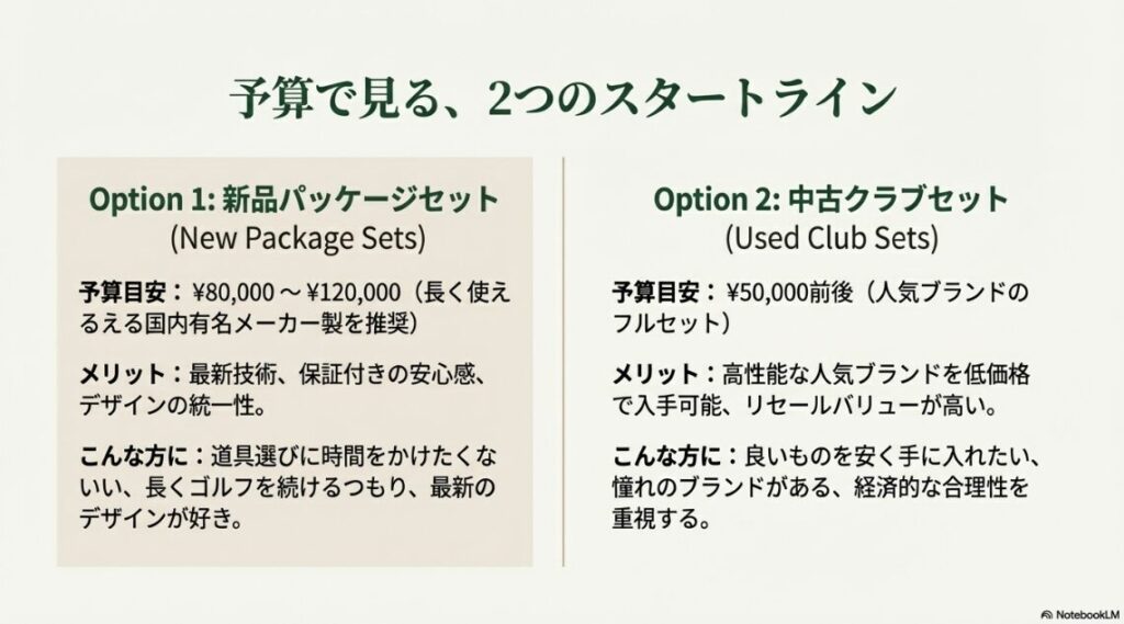 新品パッケージセットと中古クラブセットの予算目安と比較表