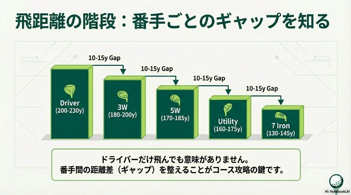 ドライバーからアイアンまで番手ごとの飛距離ギャップを示した階段状の図解