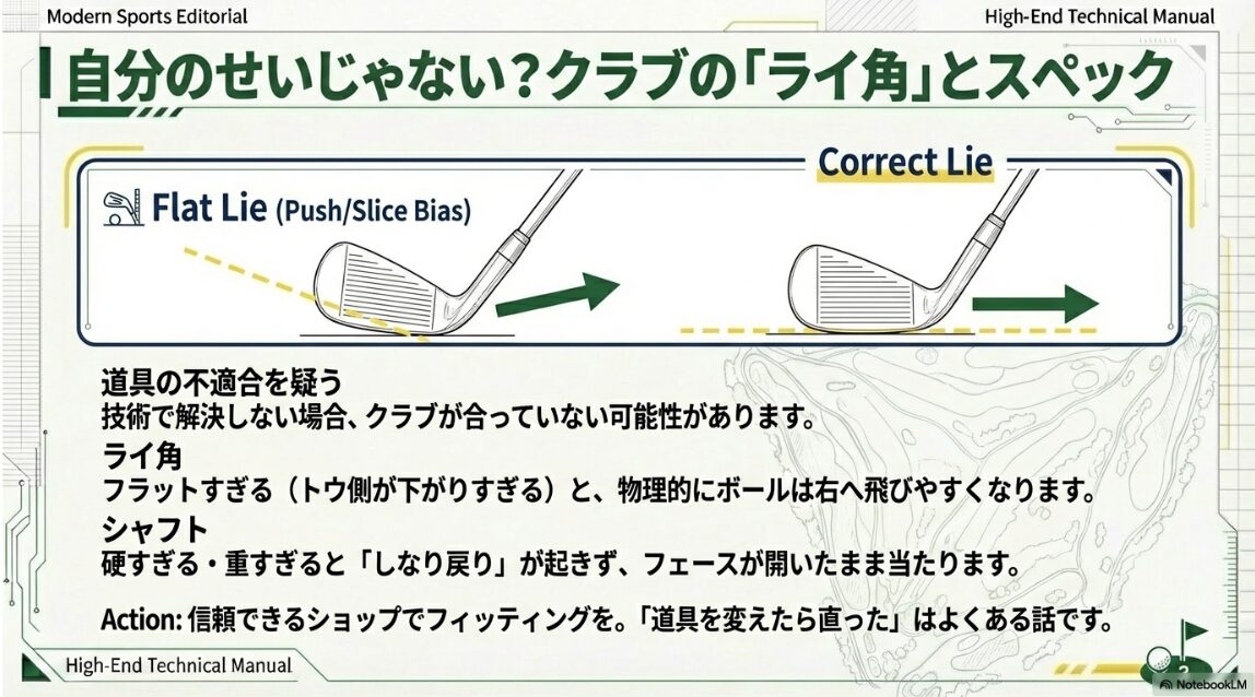 ライ角がフラットすぎる場合にフェースが右を向く物理的な仕組みの図