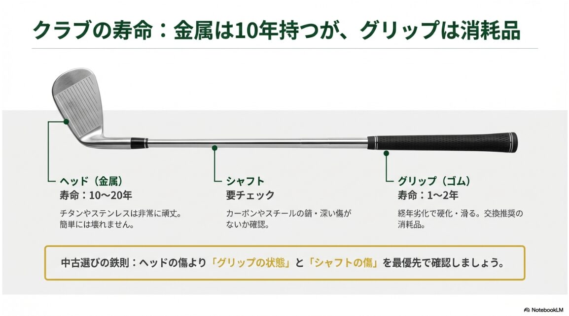 ゴルフクラブのヘッド、シャフト、グリップそれぞれの寿命と中古選びの確認ポイント